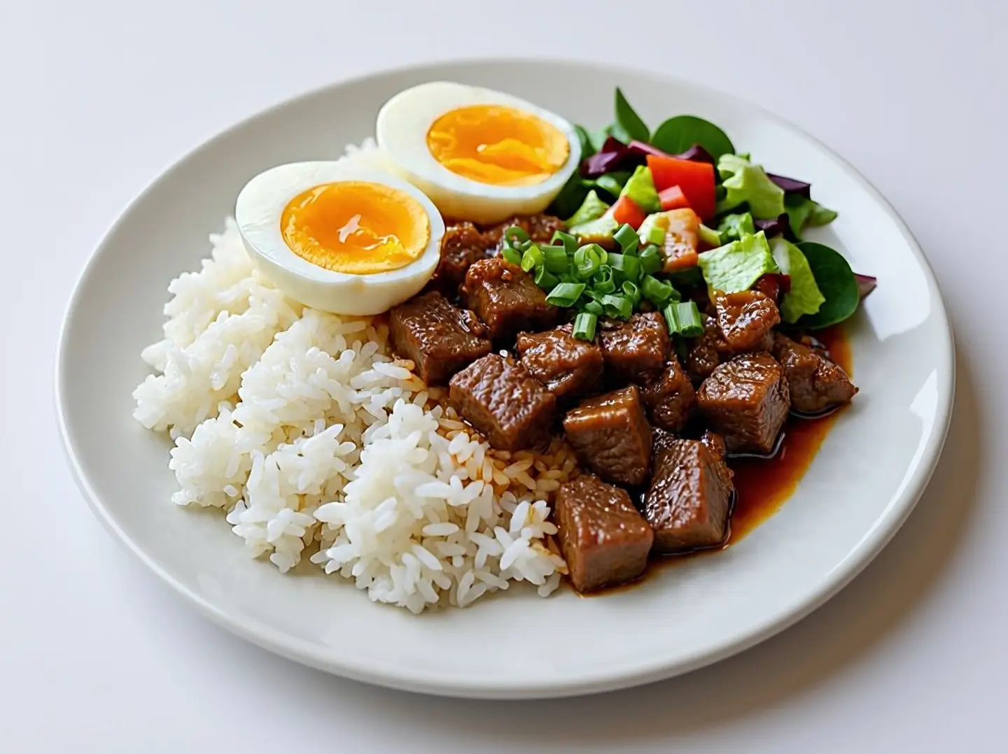 أرز أبيض عادي مع سلطة لحم بقري مقلي وقطعتين من البيض المسلوق