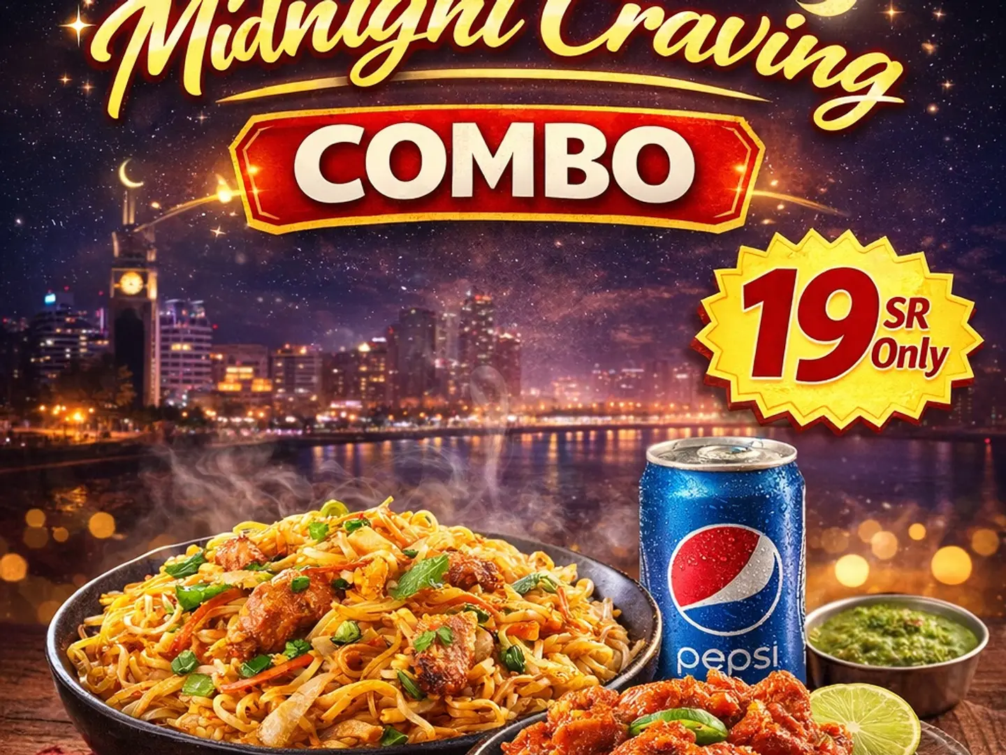 وجبة كومبو منتصف الليل مع نودلز الدجاج ودجاج 65 وبيبسـي