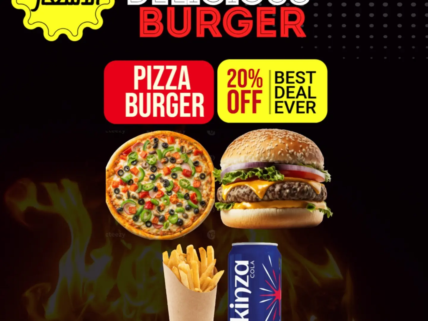 اشترِ 1 برجر مشوي و1 بيتزا متوسطة مع بطاطس مقلية ومشروب كينزا كولا