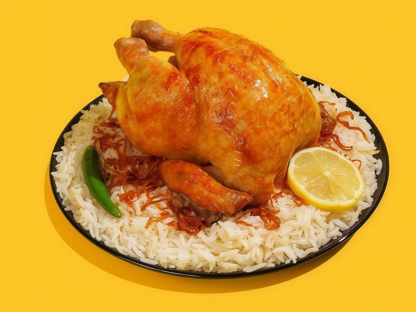 A Quarter Of A Grilled Chicken With Rice