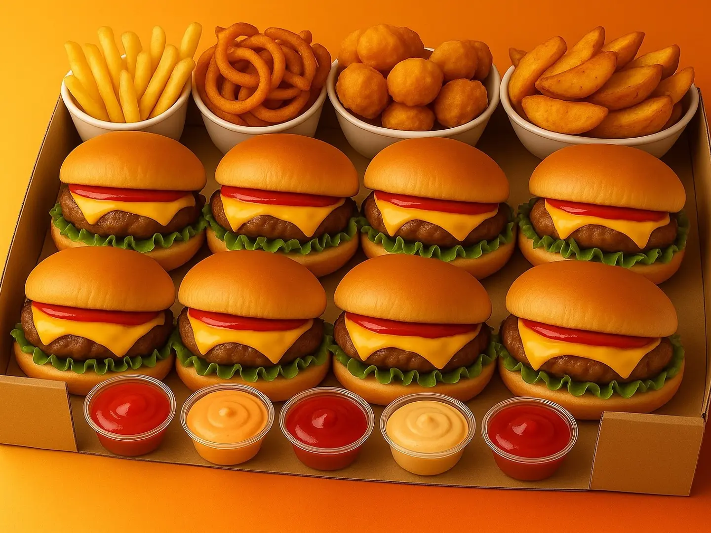 ۸برجر،بطاطس مقلي،حلقات بصل،بطاطس كرسبي،بطاطس وجدس، دجاج بوب كورن، ٤ انواع من الصوص