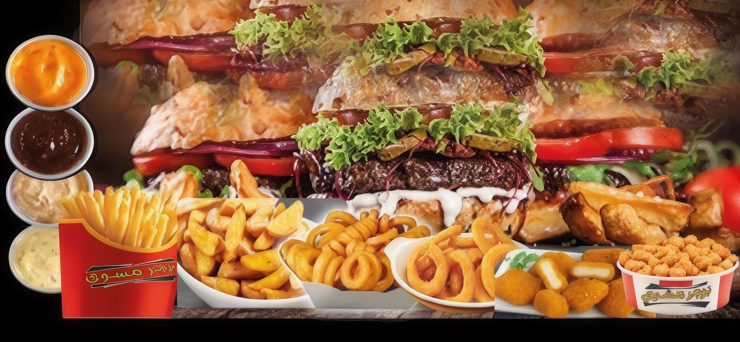 ٩برجر،بطاطس مقلي،حلقات بصل،بطاطس كرسبي،بطاطس وجدس،مسحب دجاج،بوب كورن، ٤ انواع من الصوص