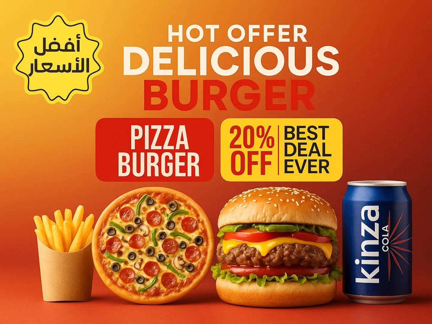 اشترِ 1 برجر مشوي و1 بيتزا متوسطة مع بطاطس مقلية ومشروب كينزا كولا