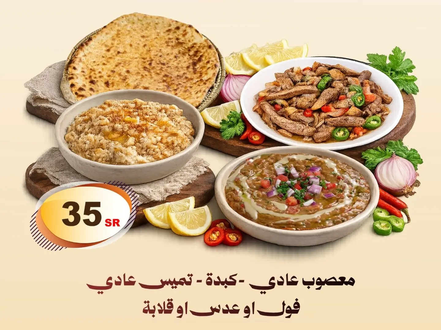 معصوب عادي - كبدة - تميس عادي (اختيار فول أو قلابة أو عدس)