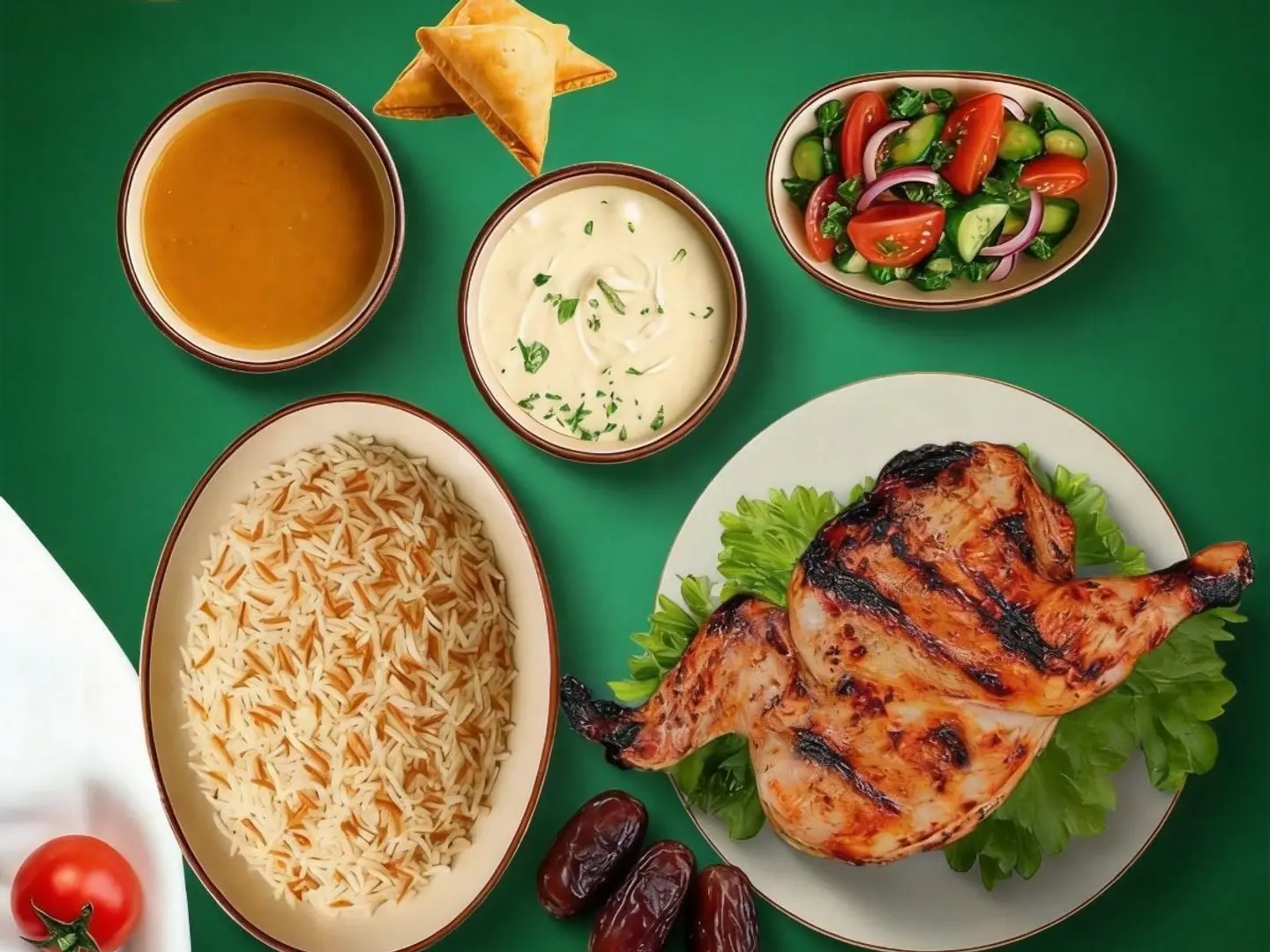 كومبو رمضان نصف دجاجة مشوية و أرز و طحينة و شوربة و سلطة و سمبوسة وتمر