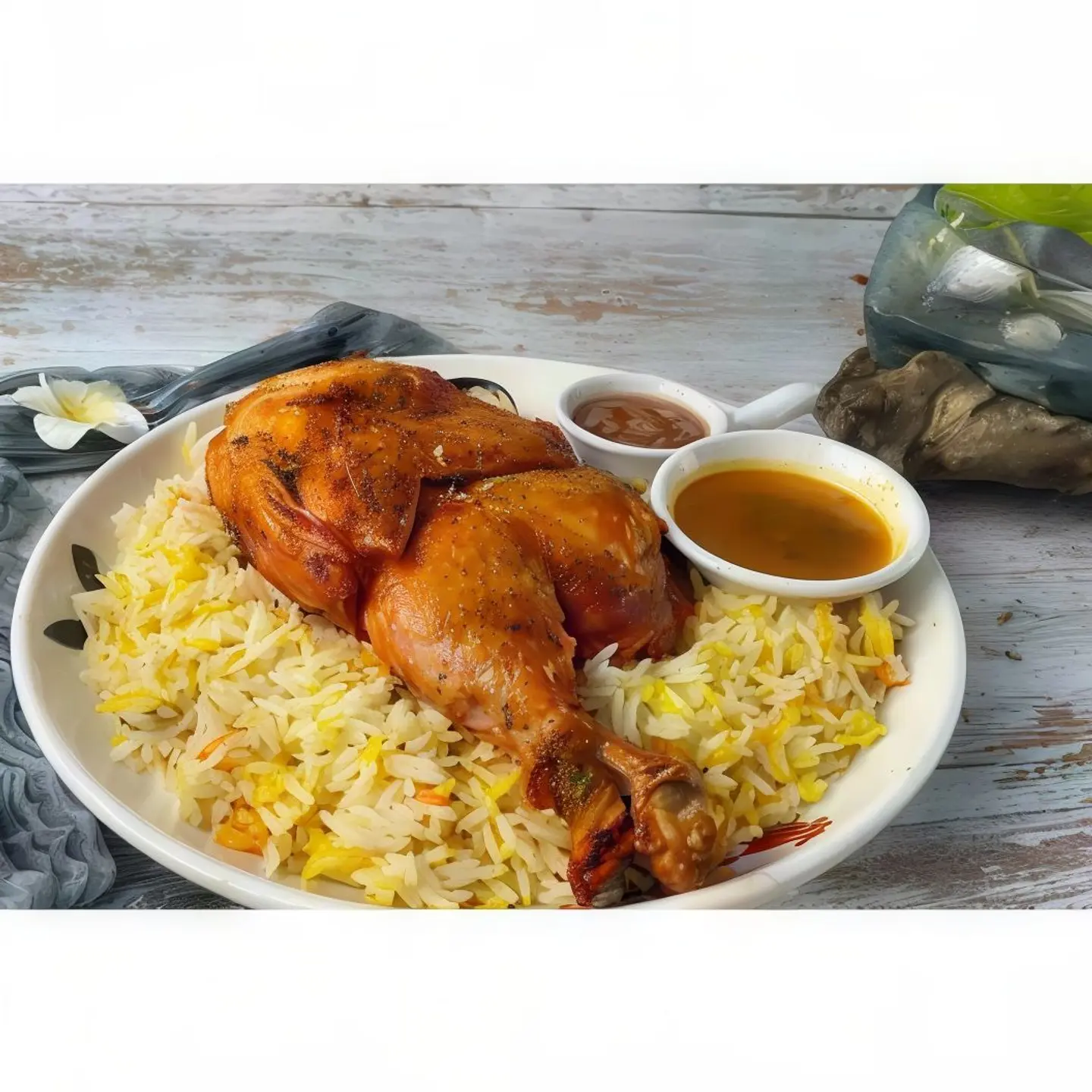 نصف حبة دجاج فرن مع الرز