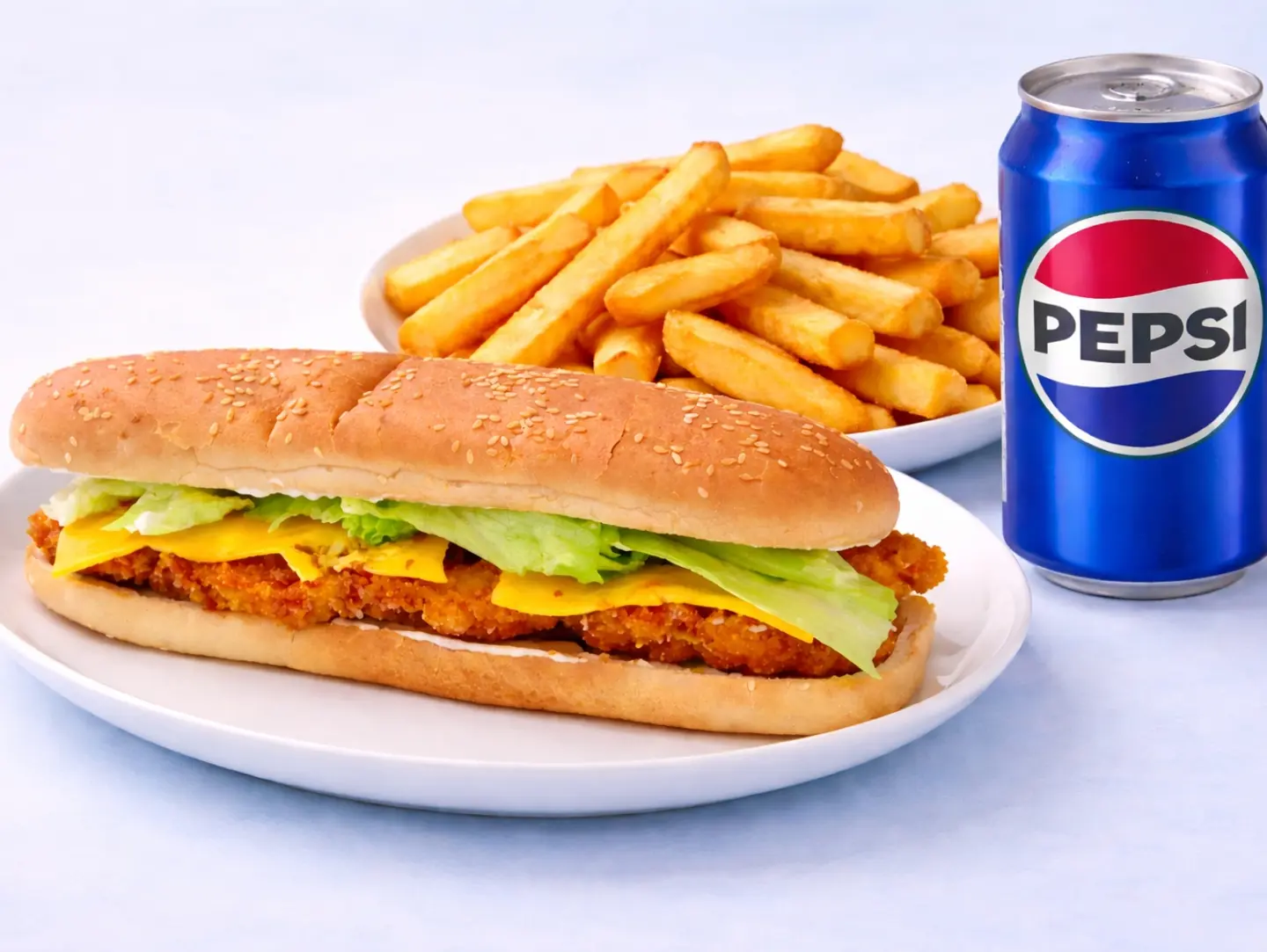 ساندويتش كاتسو مقرمش مع بطاطس مقلية ومشروب