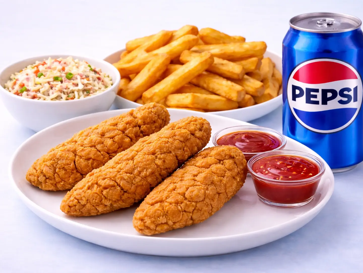 شرائح دجاج مقرمشة مع بطاطس ذهبية، سلطة كول سلو، ومشروب