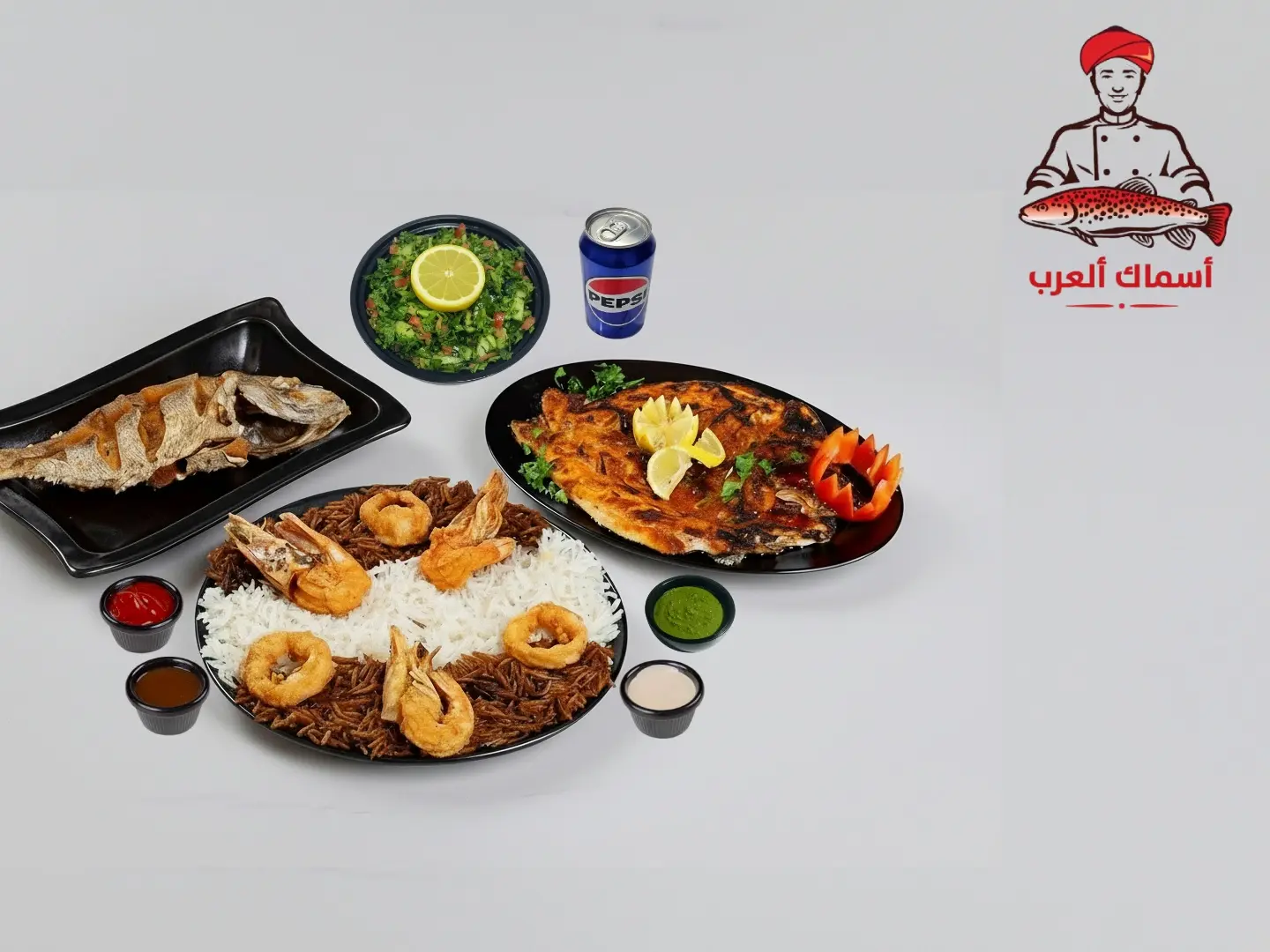 Meal For Two People: Half A Kilo Of Fried Shawarma, Half A Kilo Of Haneeth Sea Bream, A Quarter Kilo Of Fried Shrimp, 1 Mixed Rice, 2 Soft Drinks, 1 Humr, 1 Tahini, 1 Arab Fish Hot Sauce, 1 Red Hot Sauce, And 1 Green Salad.