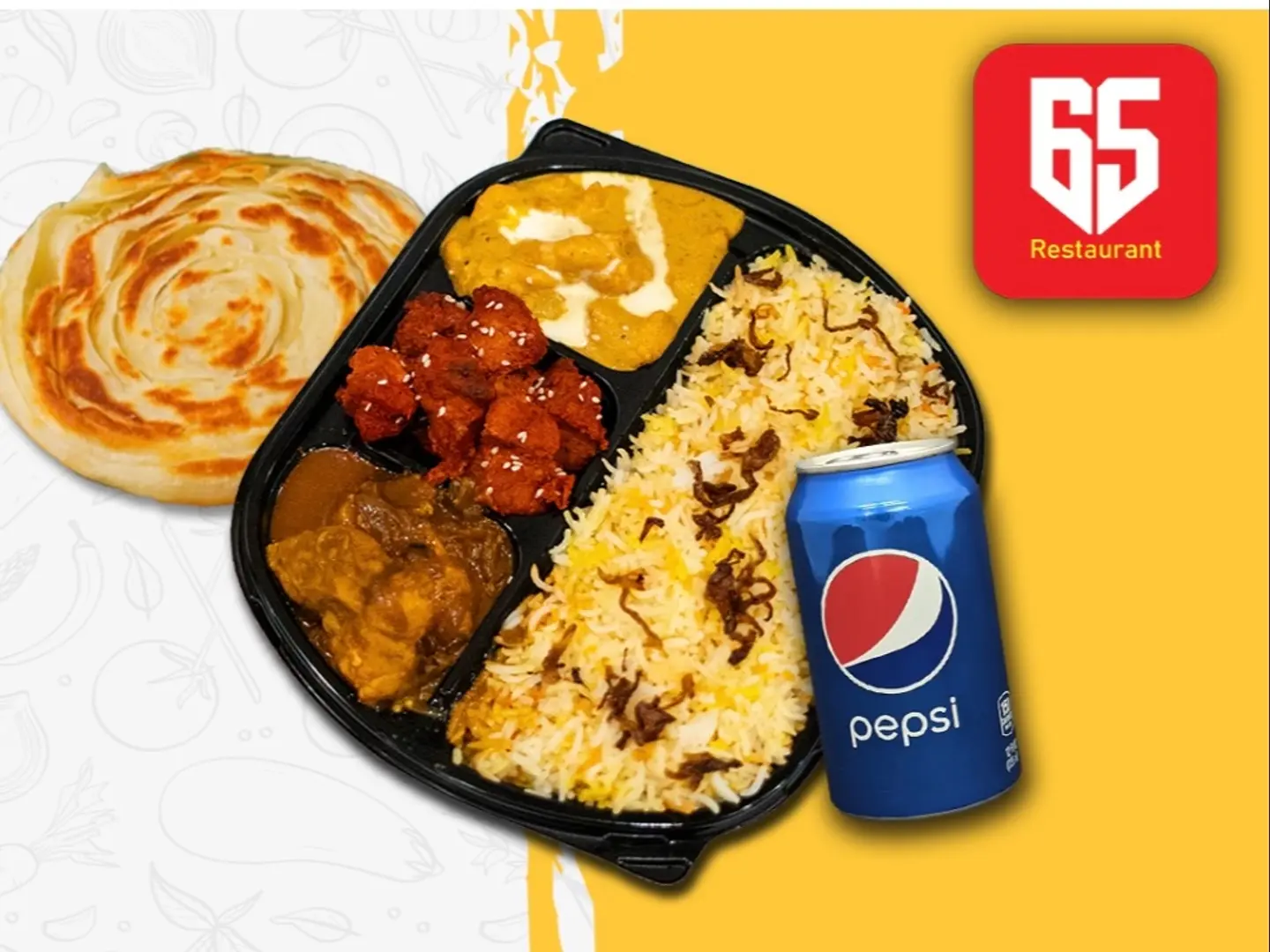 Butter Chicken+Chicken 65+Chicken Masala+Biriyani Rice+Parotta+Pepsi