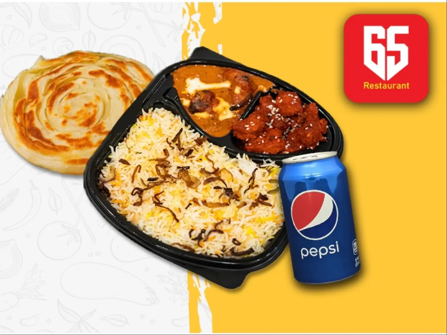 Tikka Masala+Chicken 65+Biriyani Rice+Parotta+Pepsi
