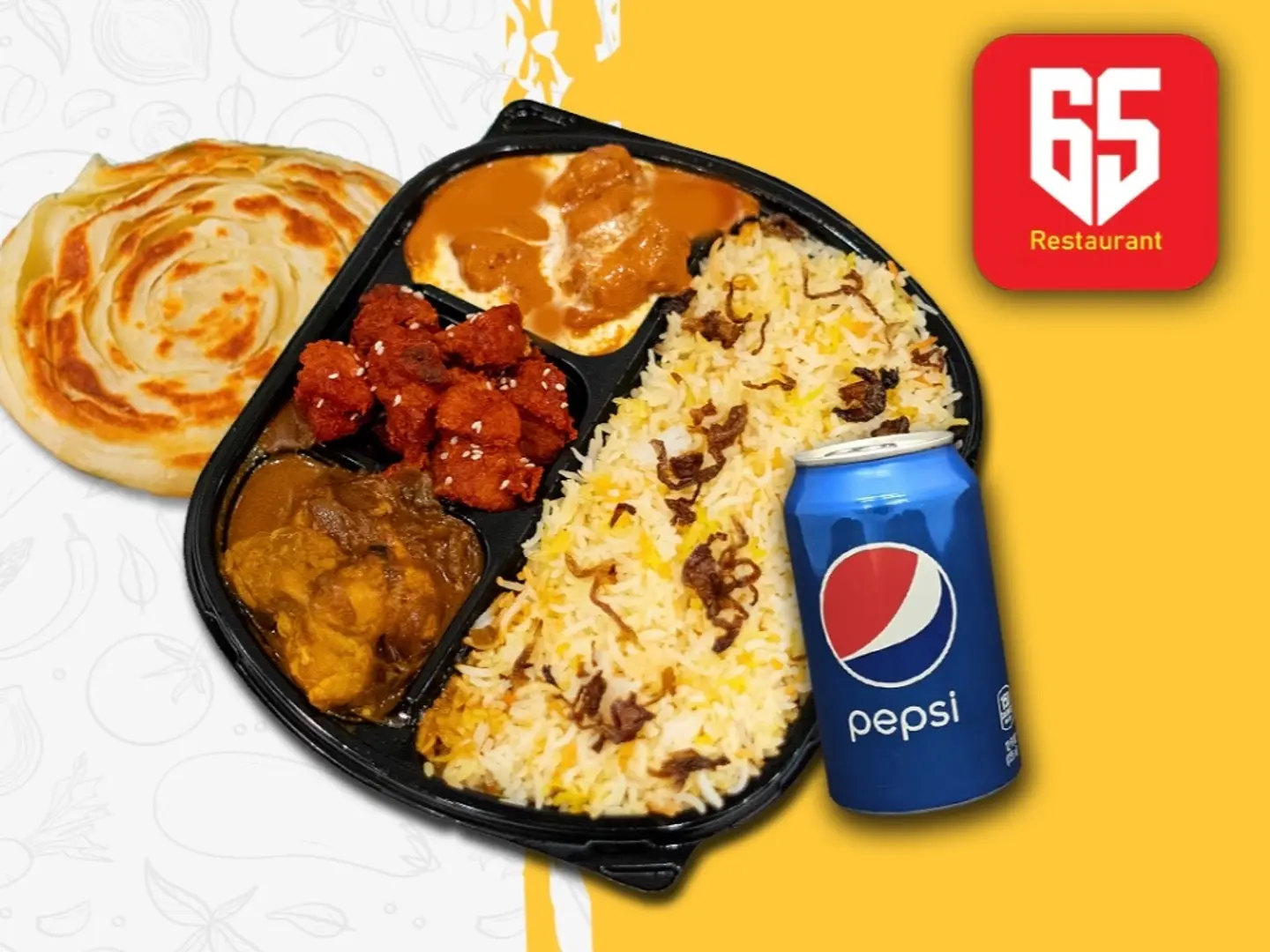 Tikka Masala+Chicken 65+Chicken Masala+Biriyani Rice+Parotta+Pepsi