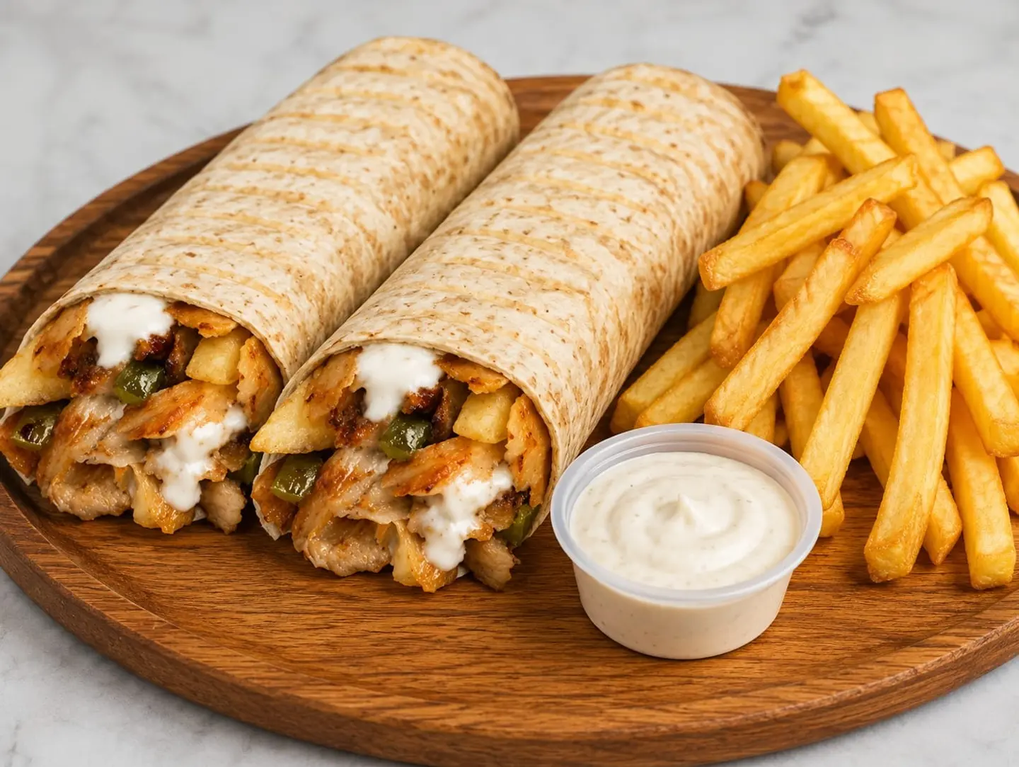 2 شاورما صاروخ وصحن بطاطس و علبة ثوم