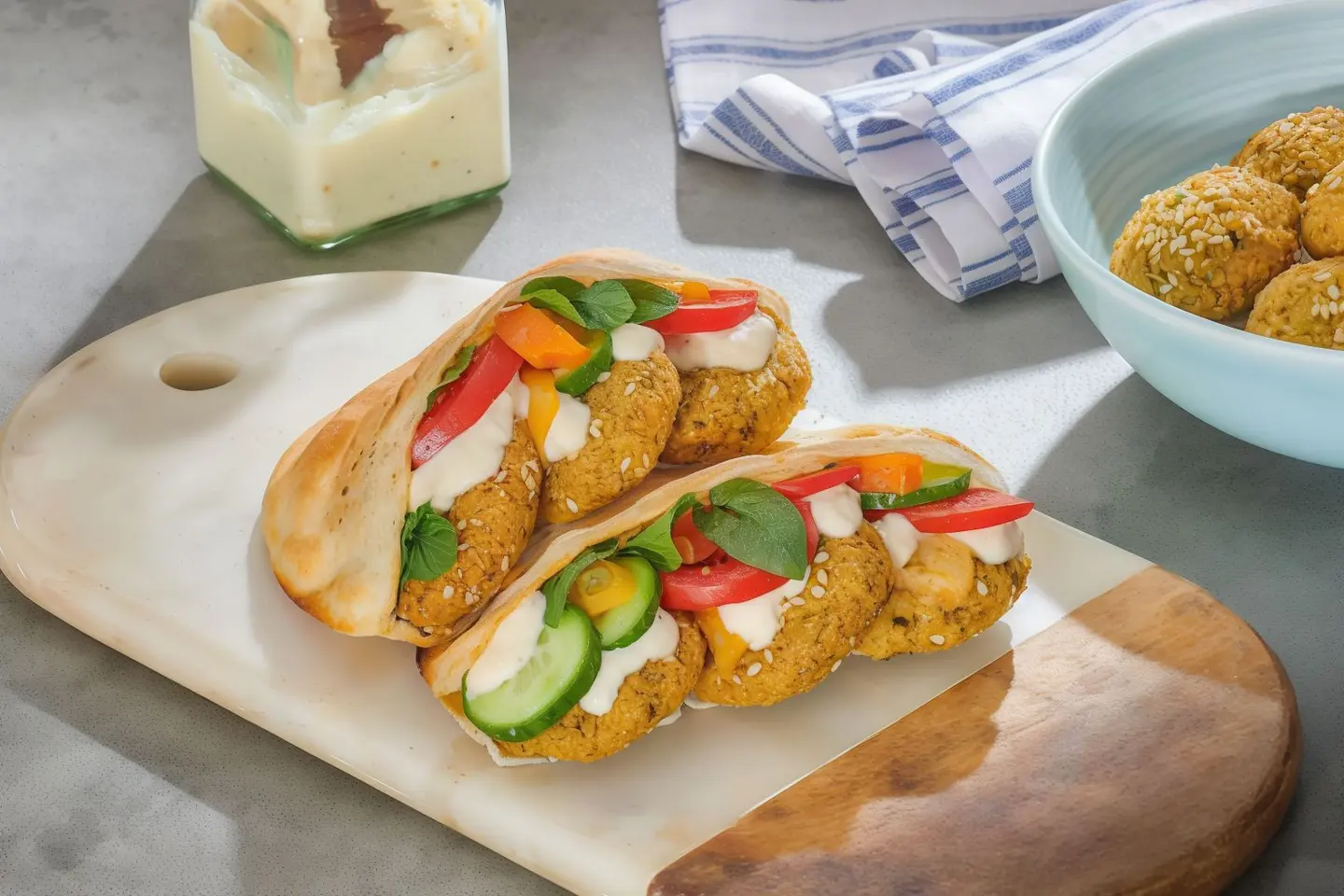 ثلاث ساندوتش بالخبز المصري مع صحن حمص مجانا