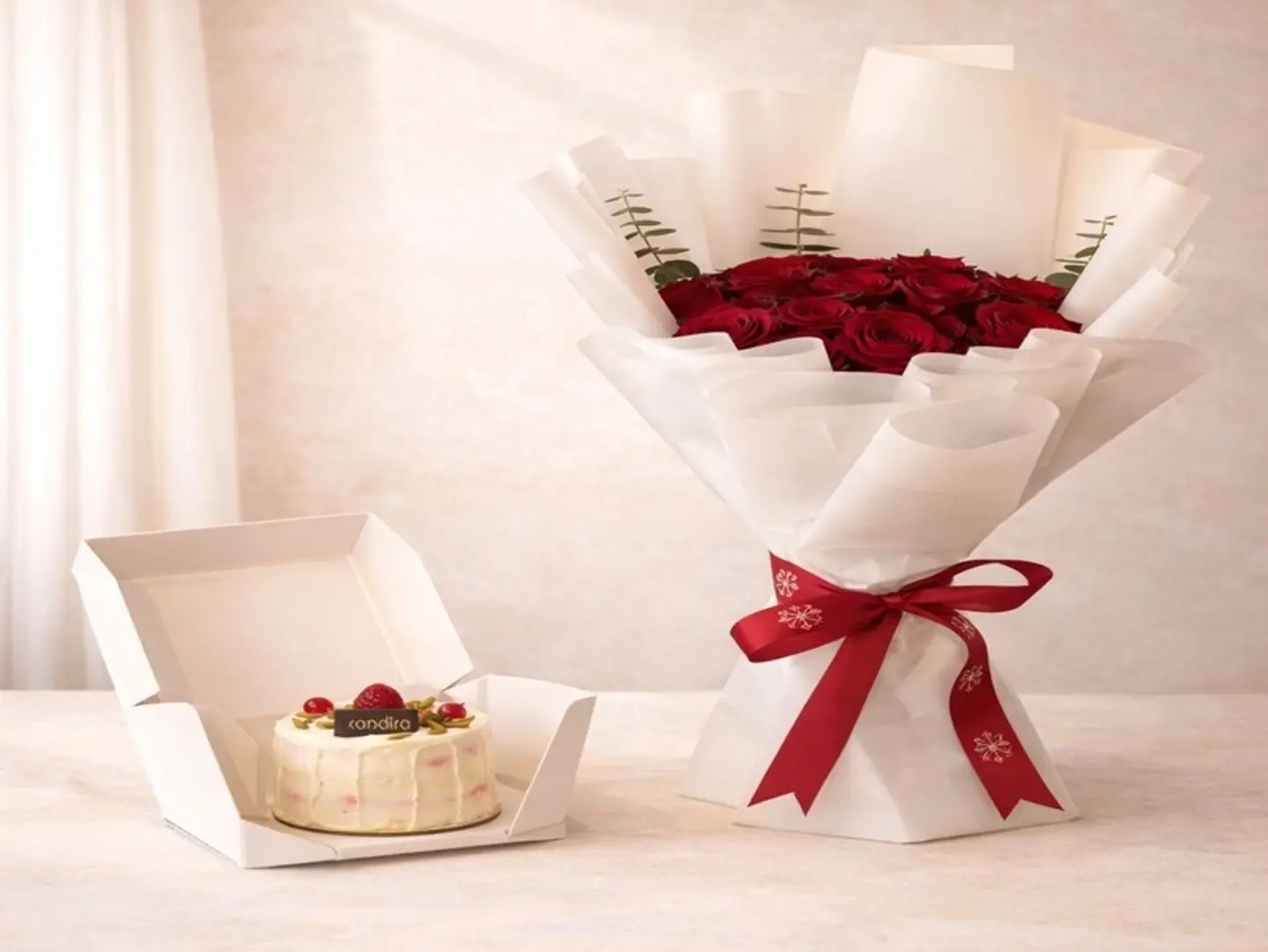 كيكة مع بوكيه ورد