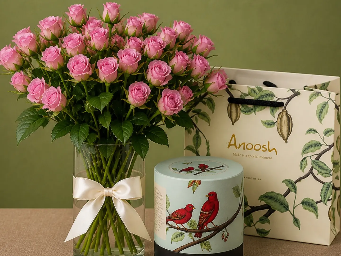 Pink Roses Vase With Anoosh Chocolate
