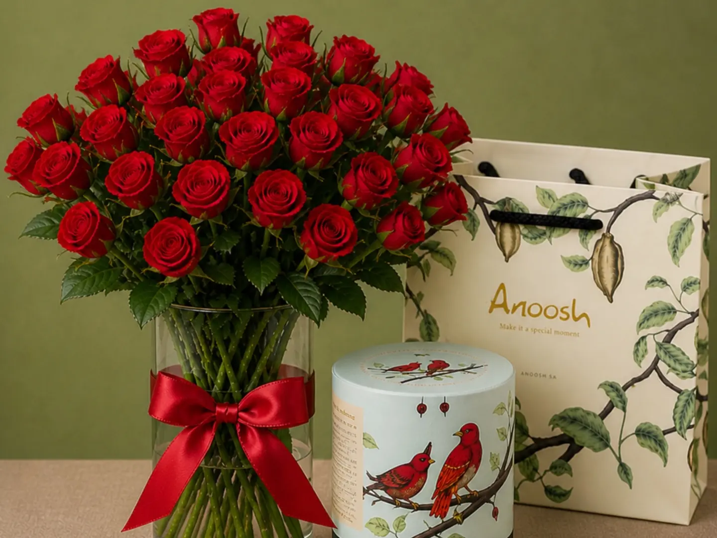 Red Roses Vase With Anoosh Chocolate