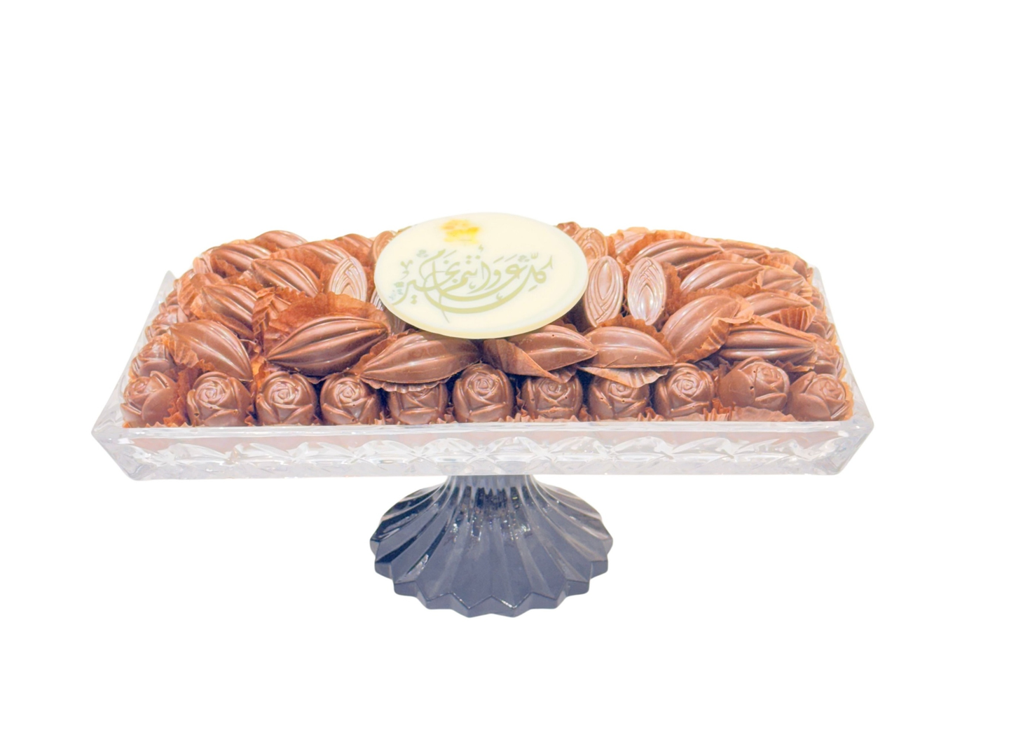 فازة زجاجية بشوكولاتة بلجيكية مكشوف فاخرة بعبارة عيد مبارك رقم ١٠