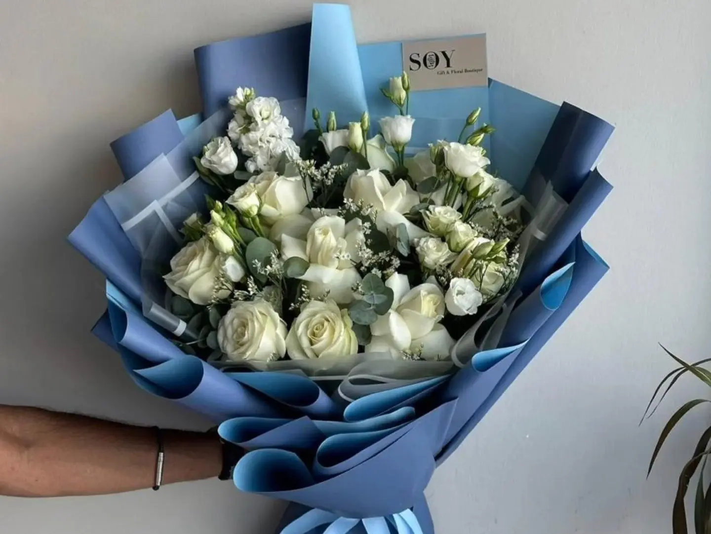 Blue Bouquet With White Roses