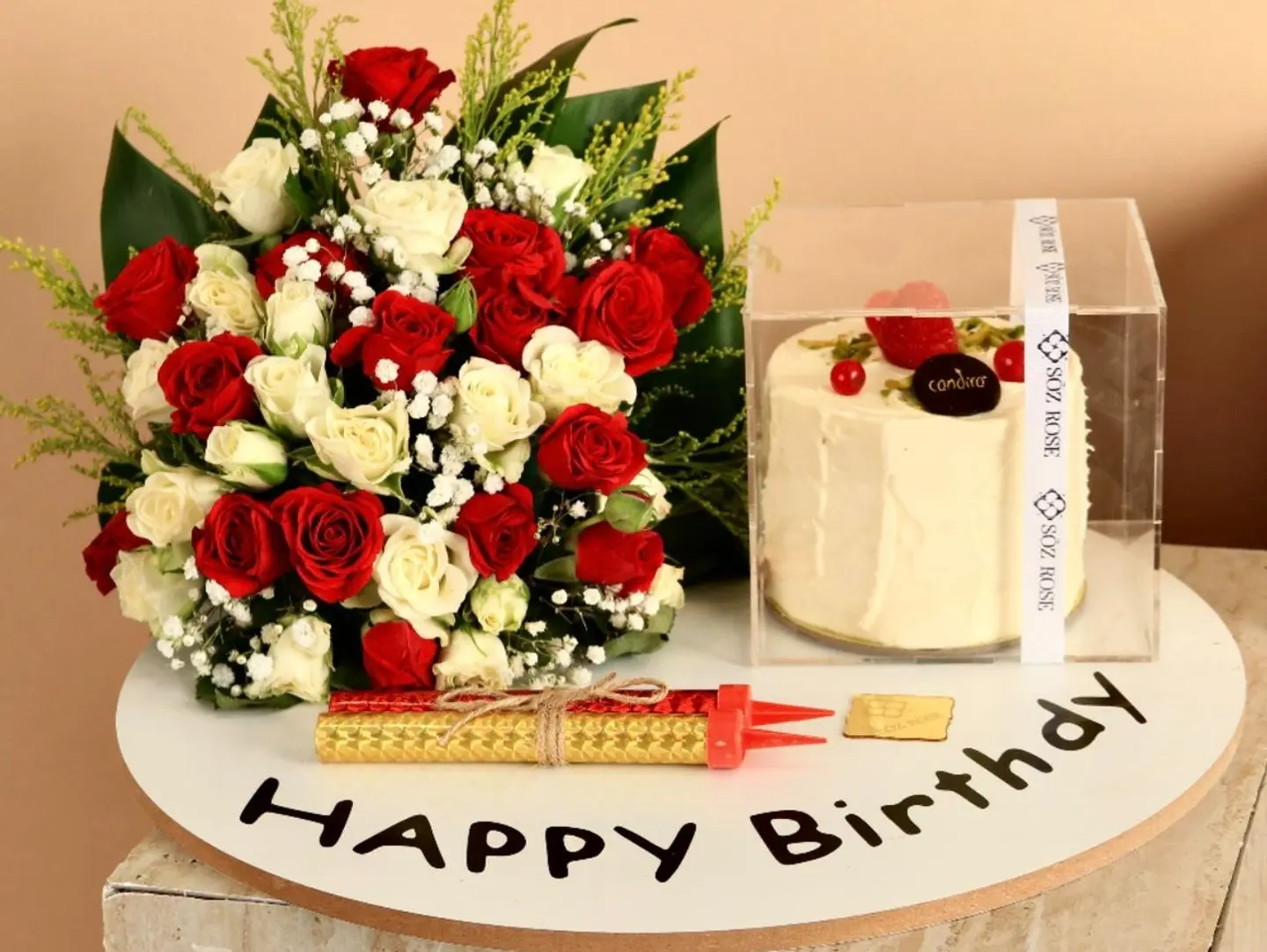 Special Gift Arrangement With Roses, Cake, And Candles