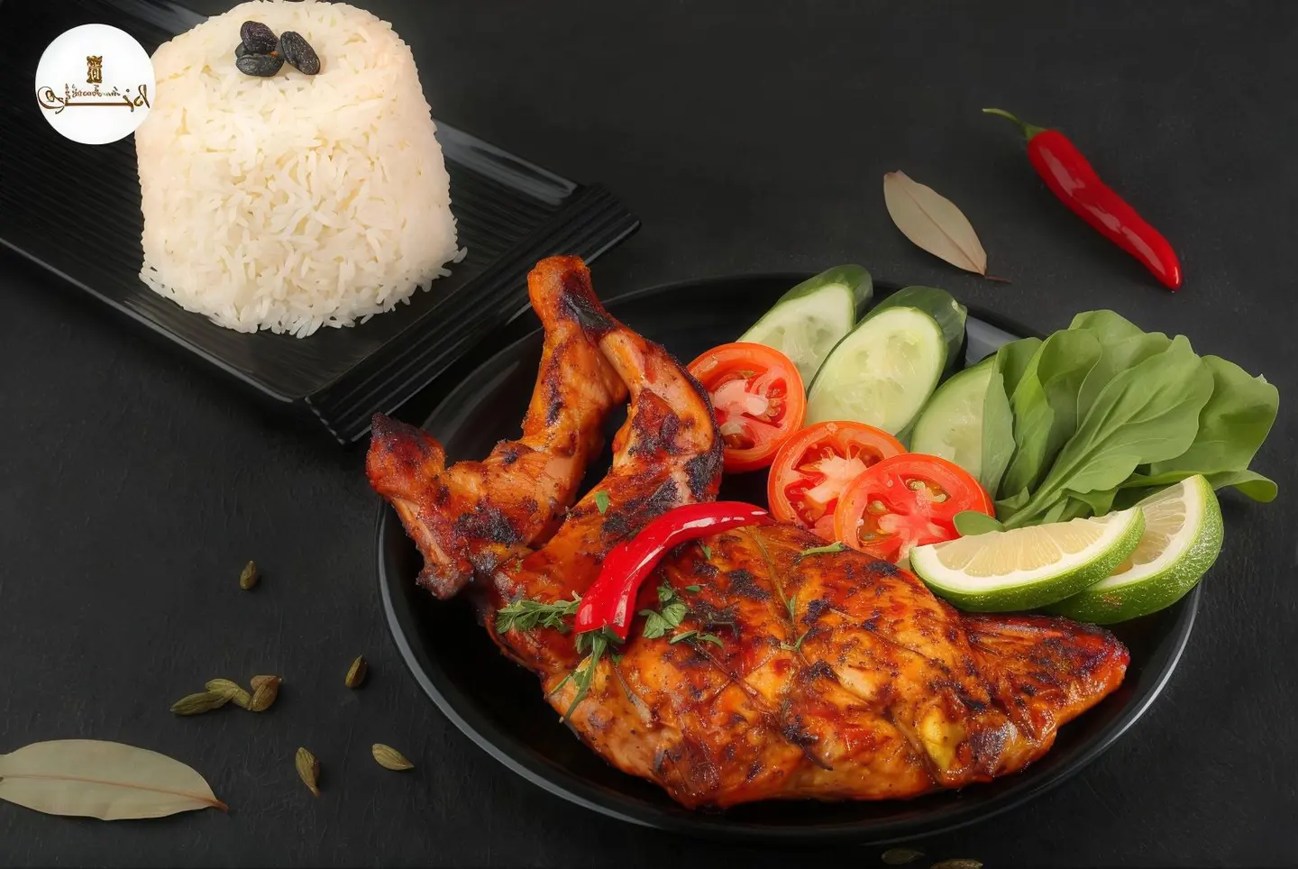 Half A Piece Of Chicken On Charcoal With White Rice