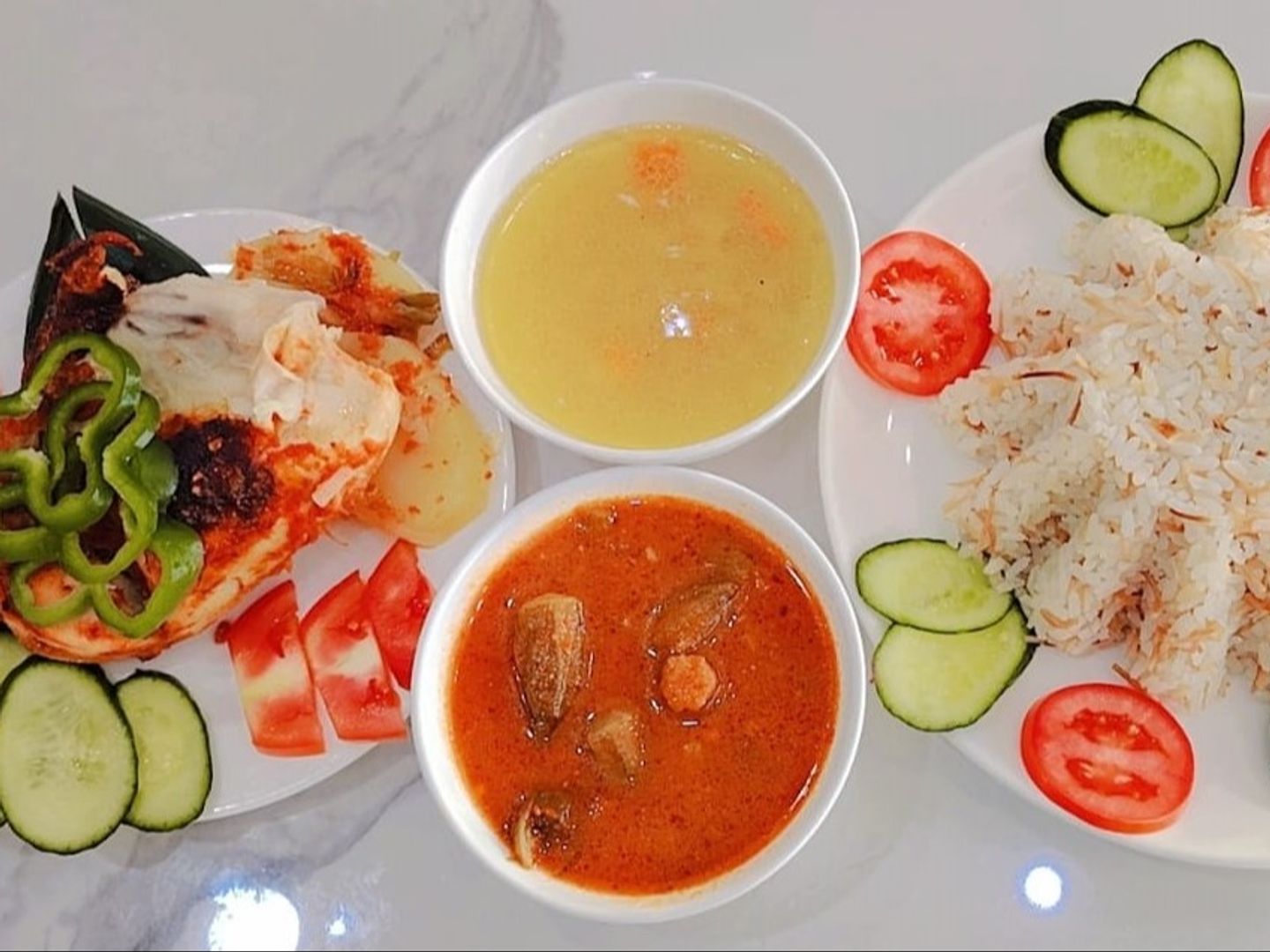 Quarter Chicken With Rice, Soup And Vegetables