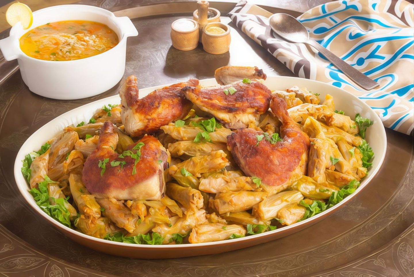ربع دجاج محمر مع محشي كرنب