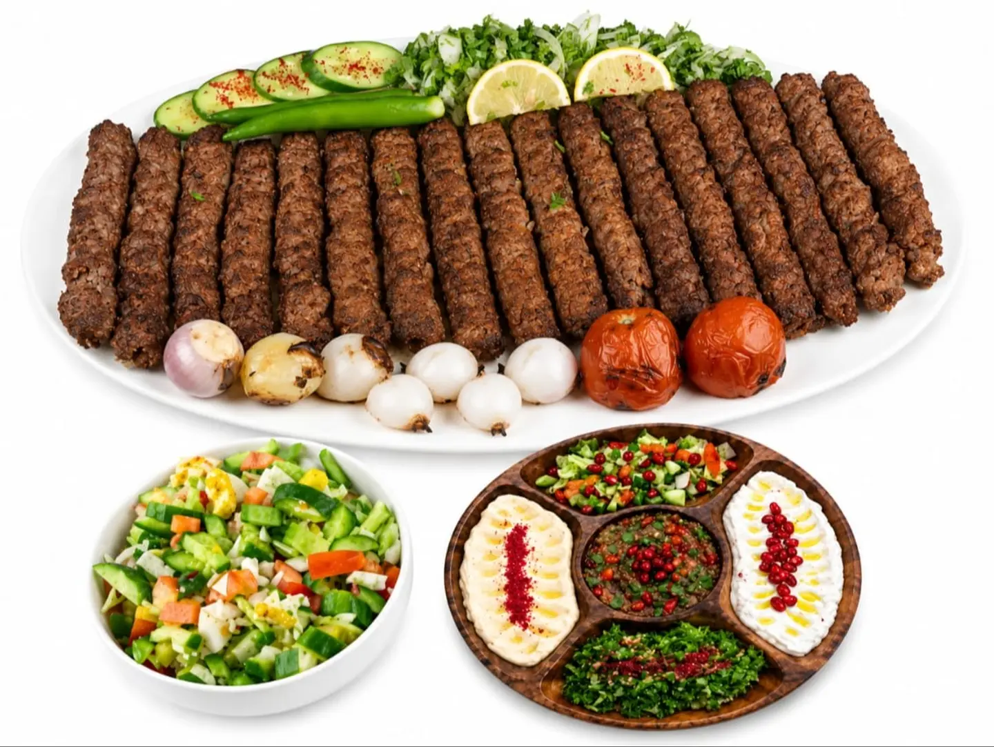 صحن كباب لحم مع سلطة ومقبلات