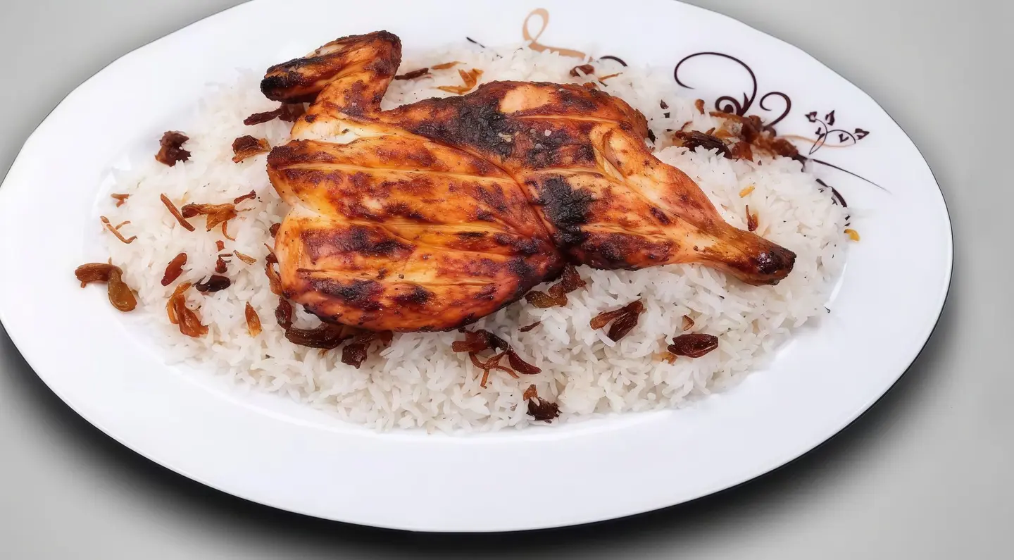 نصف دجاج على الفحم مع الرز