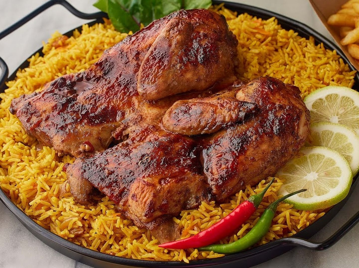 نص حبه دجاج مسحب مع الارز الخاري او البرياني
