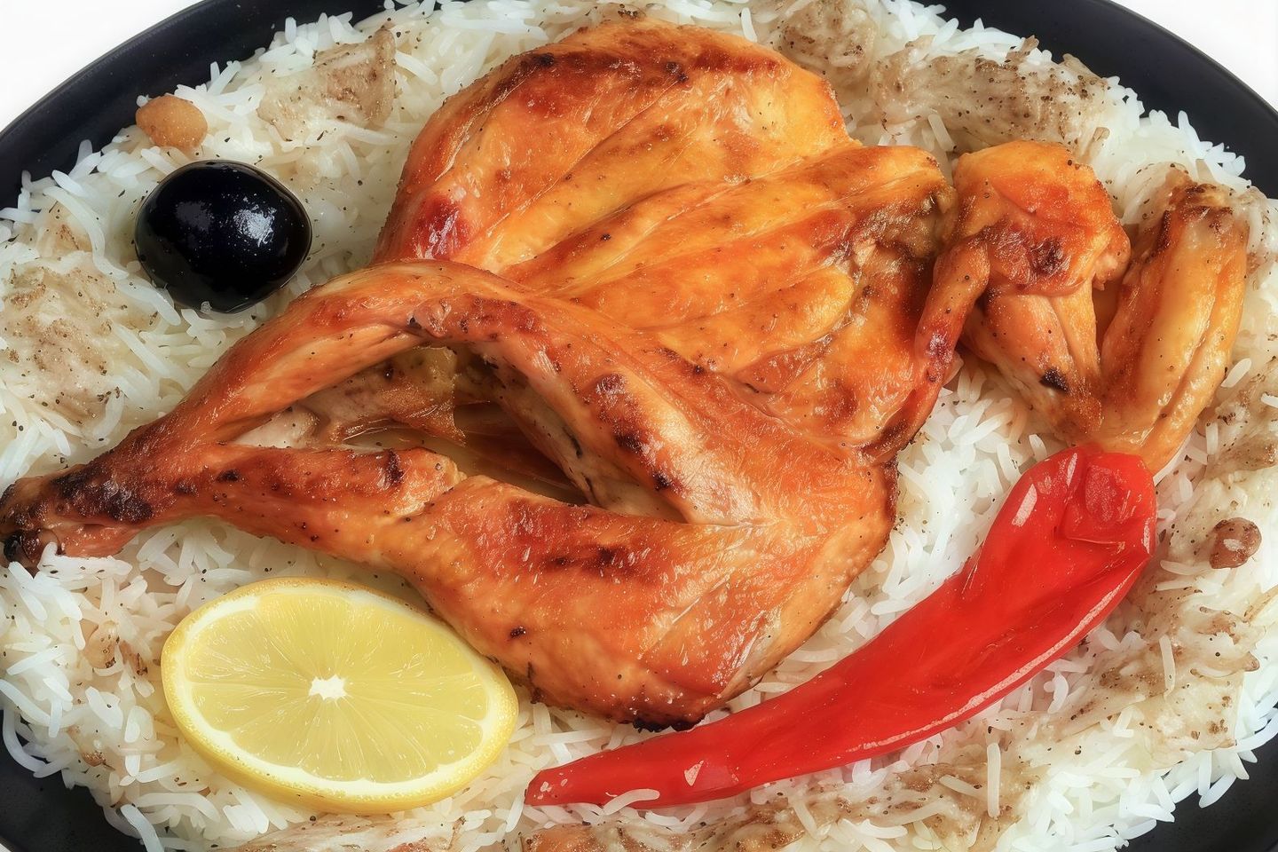 نص دجاج مشوي عالفحم مع الرز