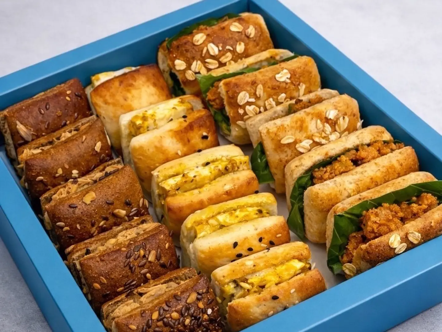 15 Pieces Of Sandwiches Starting With Fresh Bread Baked In Our Bakery.. 5 Spicy Tuna   5 Grilled Halloumi   5 Chicken With Special Sauce