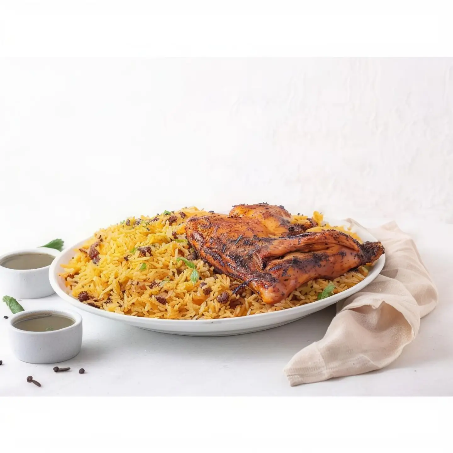 نص دجاج على فحم مع الرز