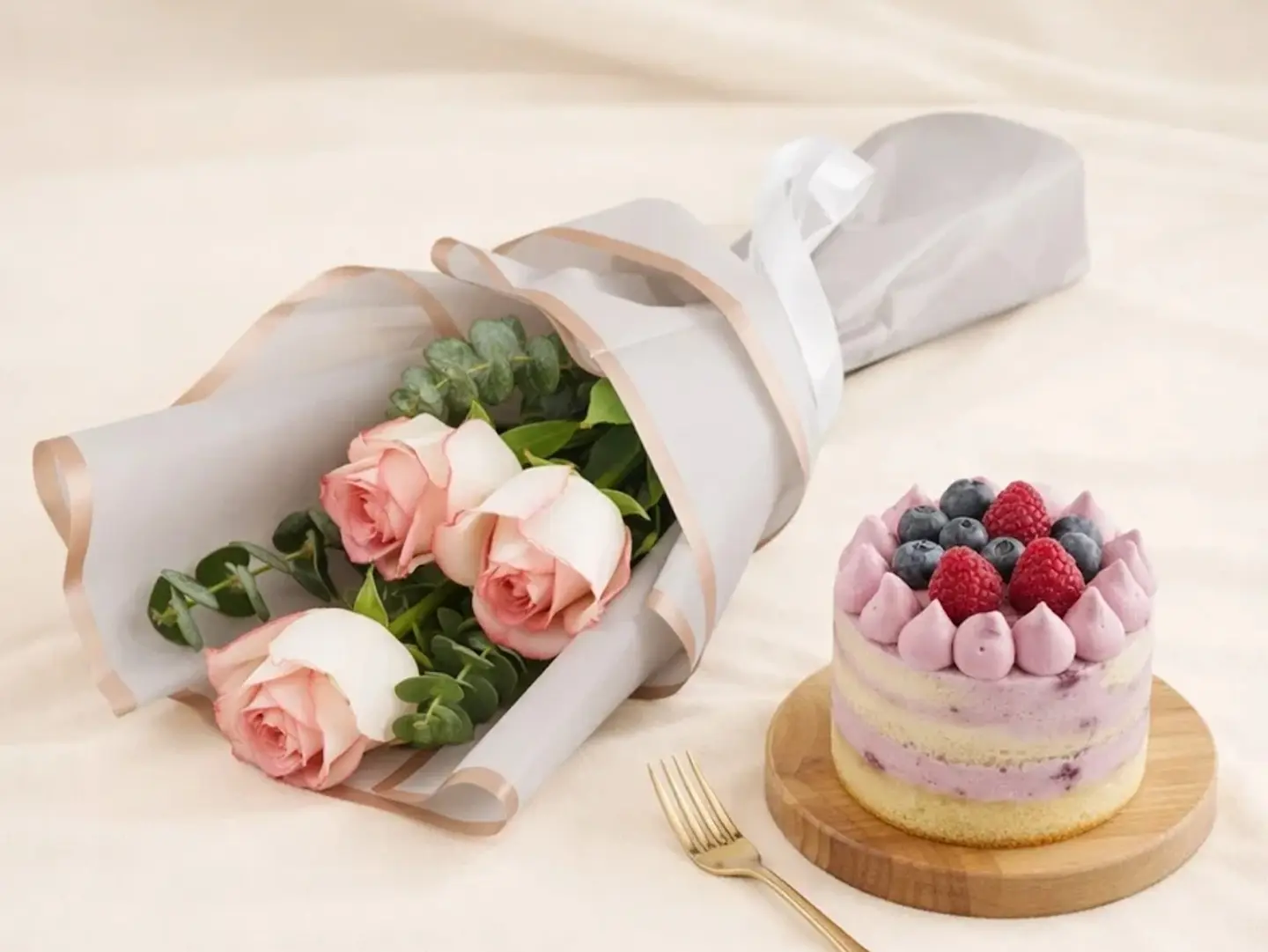 Pink Rose Bouquet N Blue Berries Cake Combo