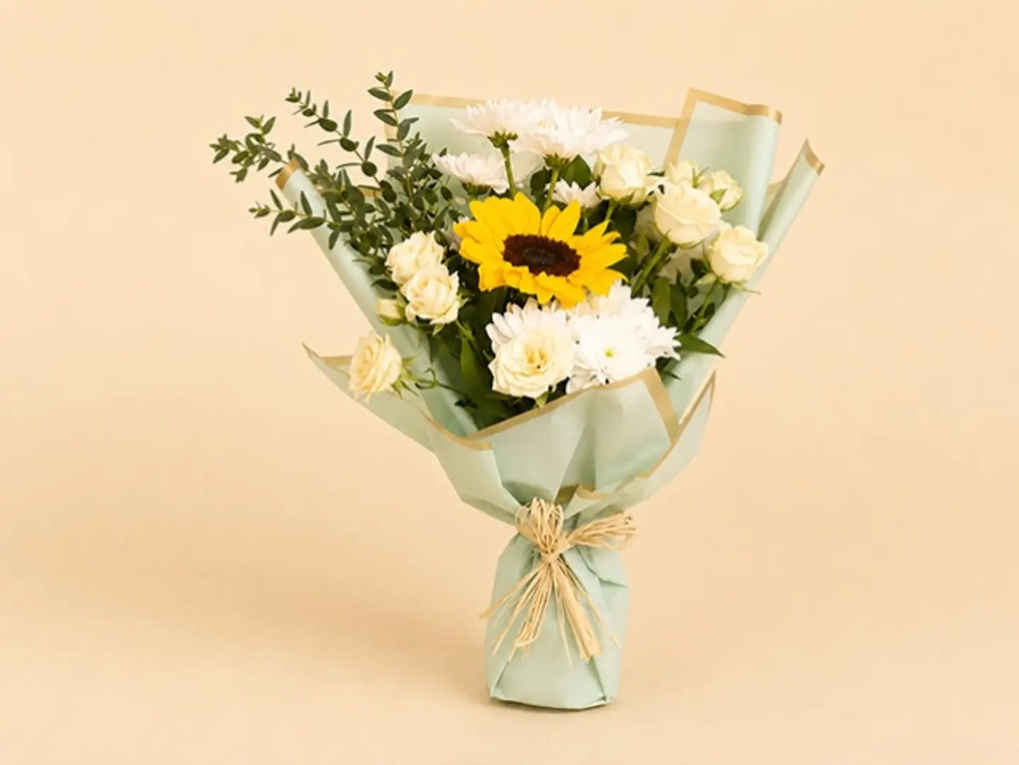 Sunflower & Peach Baby Roses Cheerful Gift Bouquet