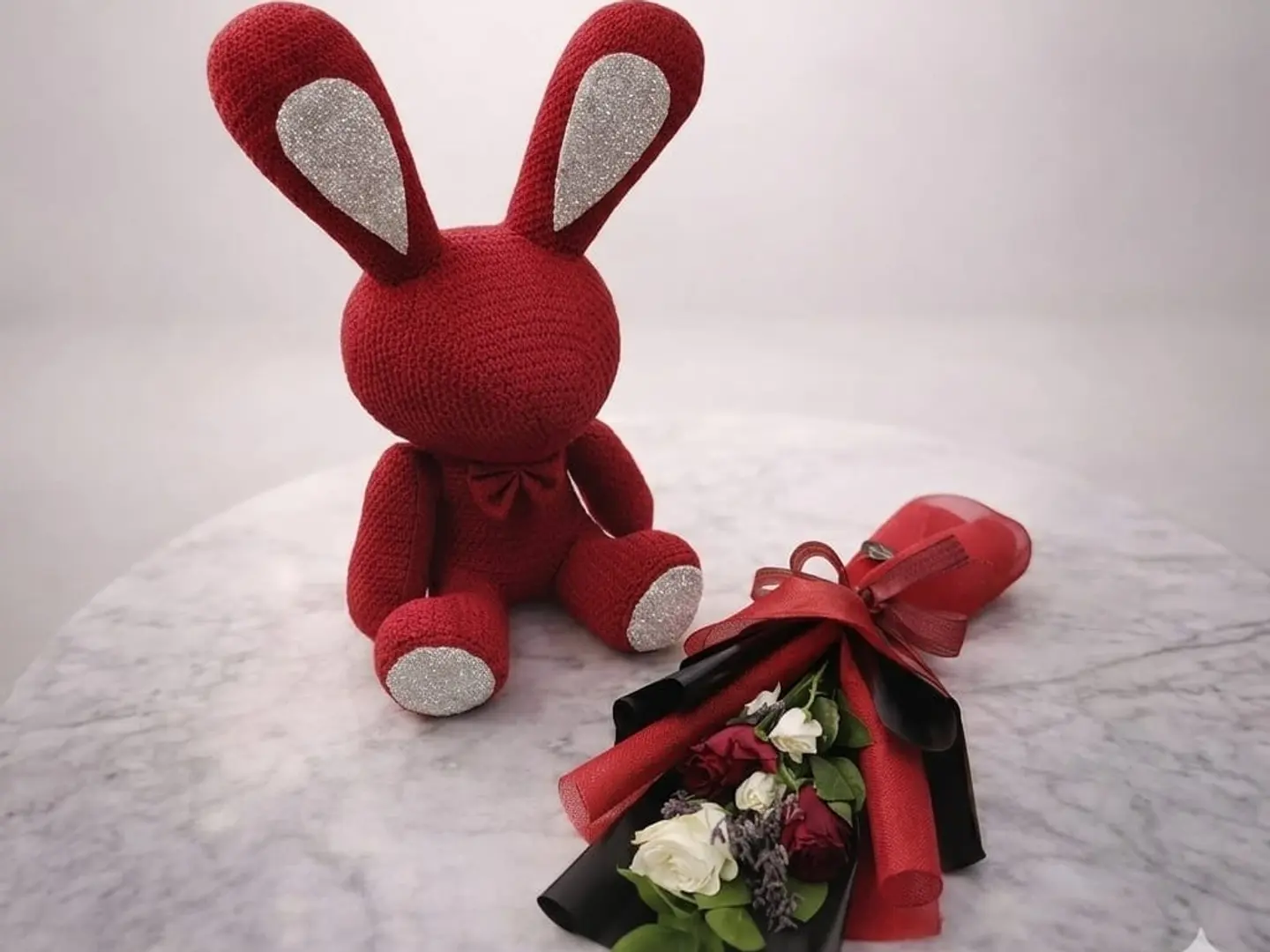 Large Red Rabbit Doll With A Nice Bouquet Of Flowers