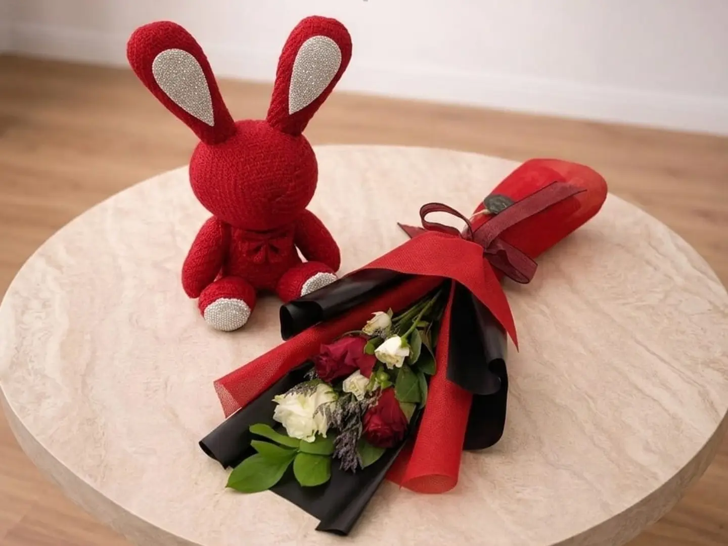 Small Red Bunny Doll With A Nice Bouquet Of Flowers