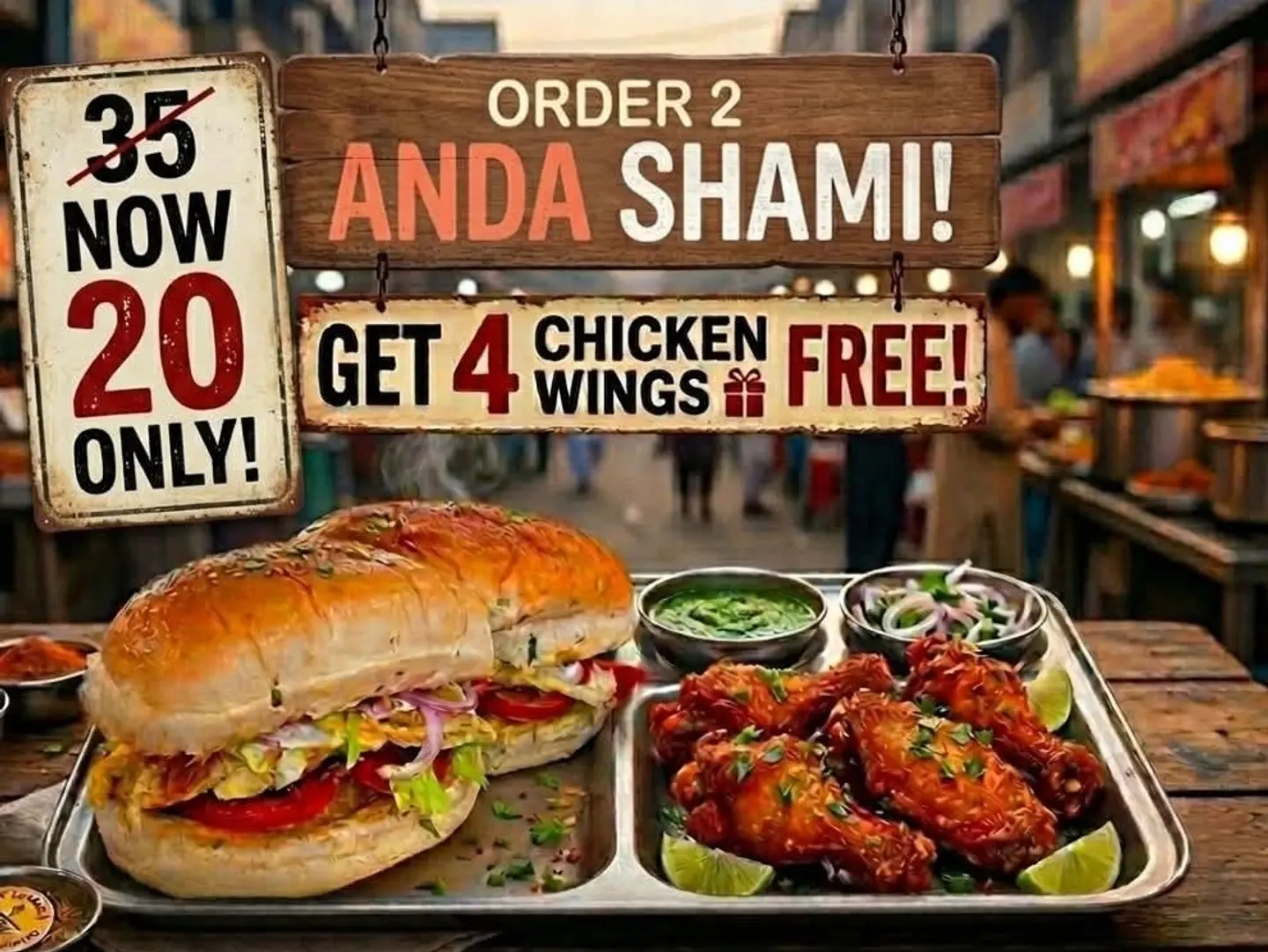 2 Anda Shami Burgers With 4 Free Wings