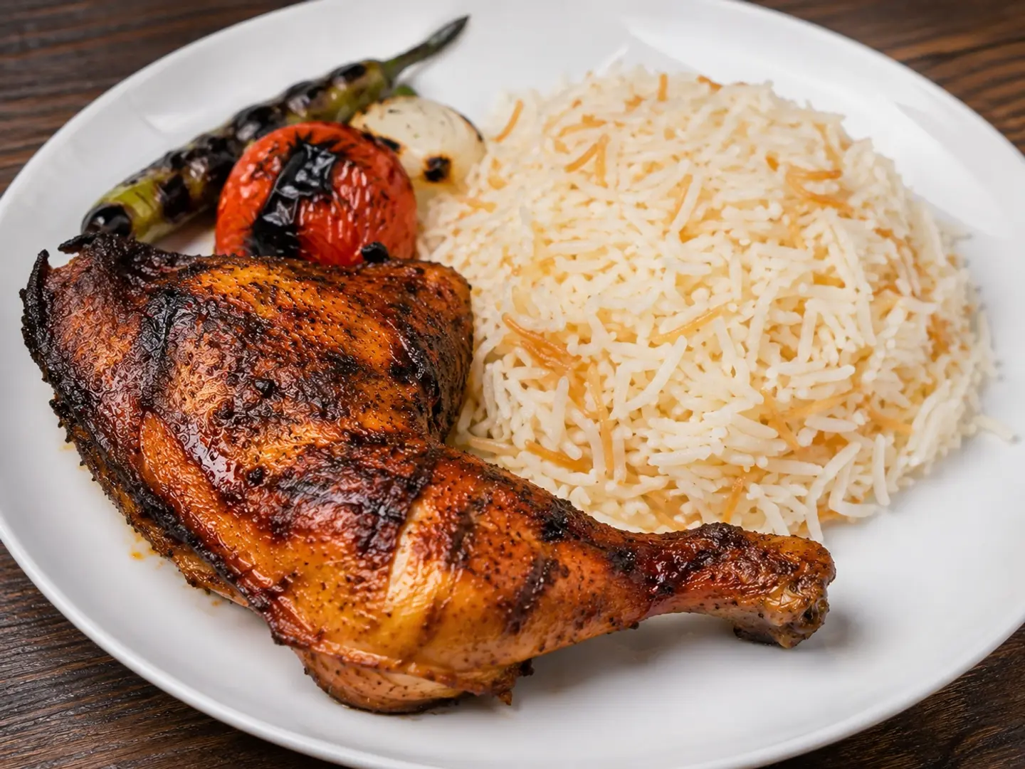 ربع دجاج فخذ فحم مع أرز