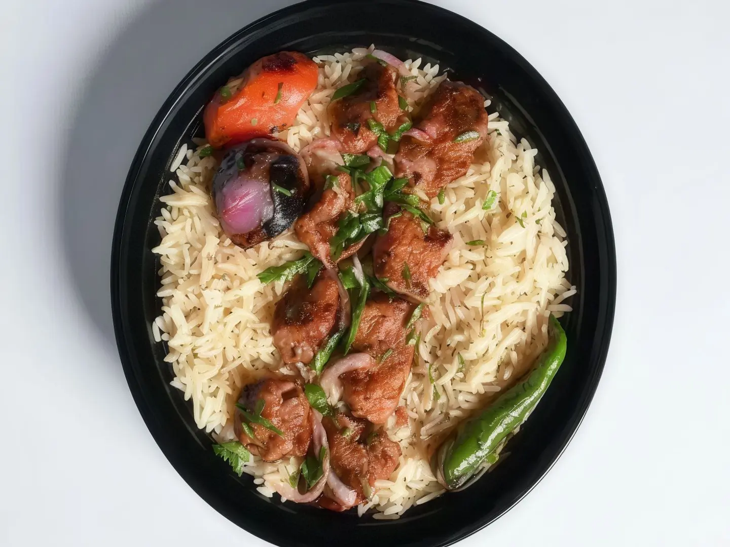 مشكل اوصال لحم مع شيش طاووق مع ارز بشاور مع صوص الطحينة والدقوس الحار