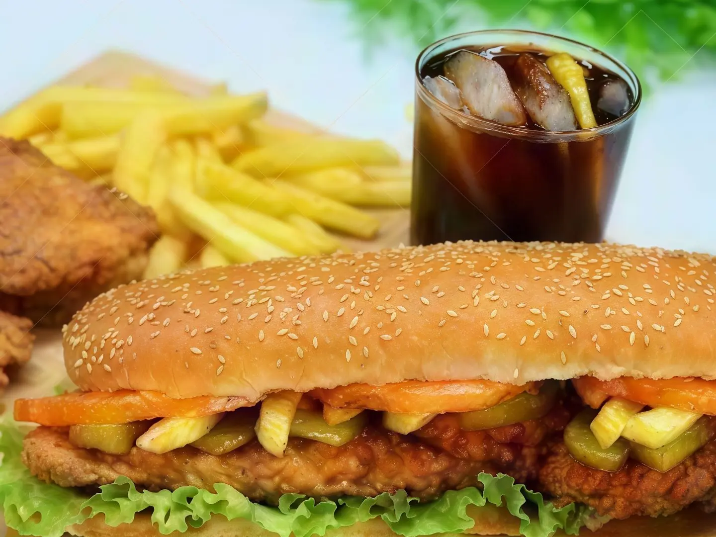 Delicious Meal, Crispy Chicken Sandwich With A Refreshing Drink And A Side Of Fresh Golden French Fries