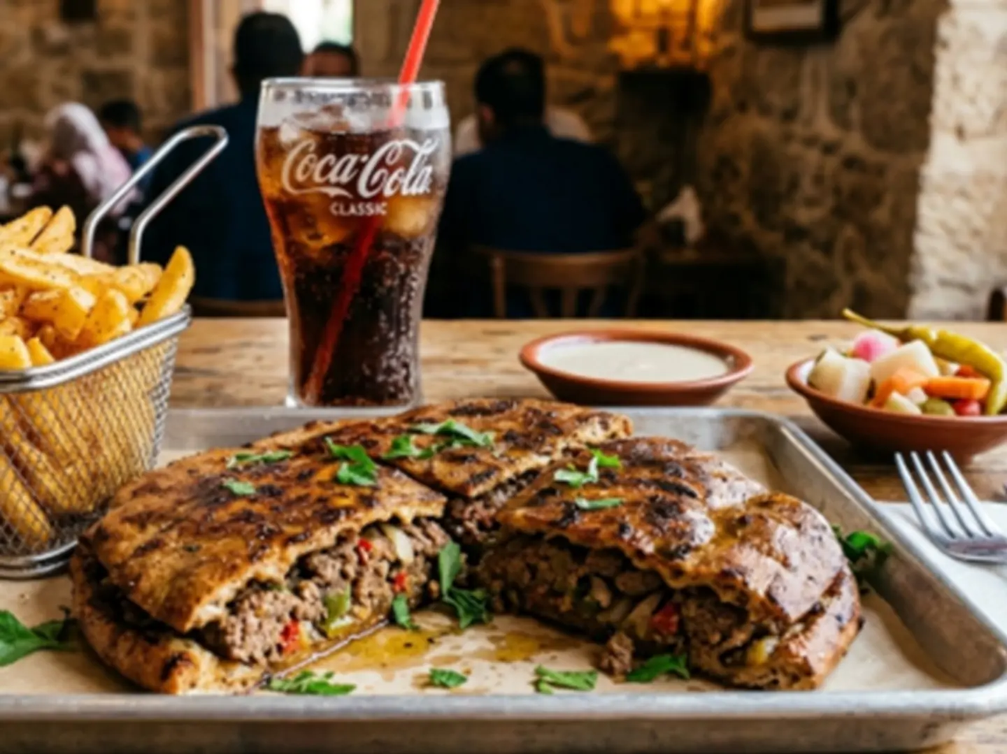 A Delicious Hawawshi Meal With Authentic Egyptian Style Sausage, Rich In Traditional Spices And Flavors, Served With Crispy Fries And A Refreshing Drink For A Complete And Enjoyable Dining Experience.