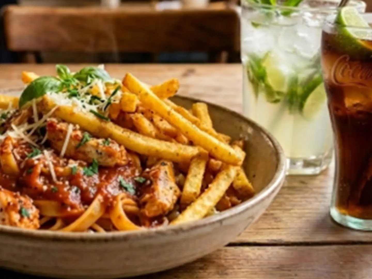 Pasta, Sausage, Fries, Drink Meal