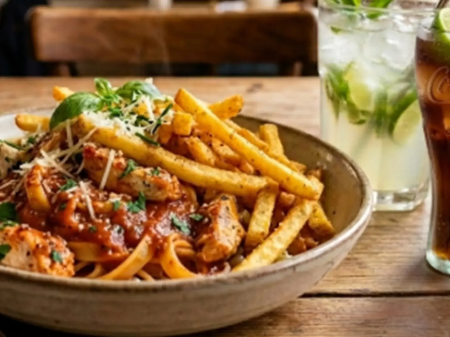 Liver Pasta Meal With Potatoes And A Drink