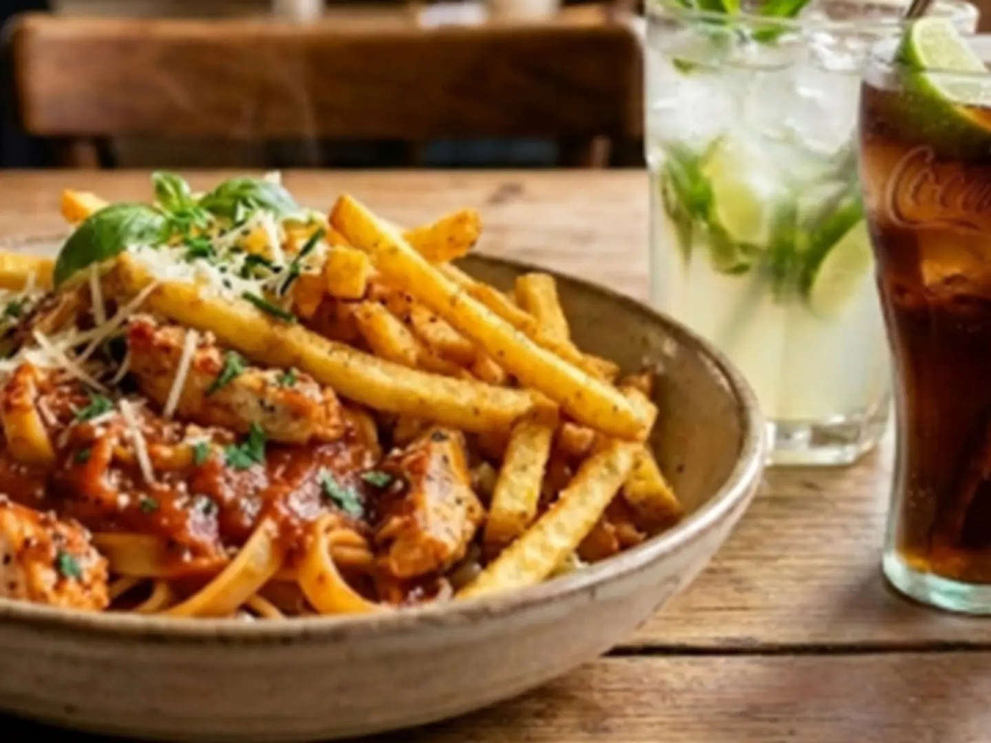 A Delicious Meal Featuring Freshly Cooked Pasta Blended With Perfectly Seasoned Minced Meat, Served With Crispy Golden Fries And A Refreshing Drink To Complete A Delightful Dining Experience.
