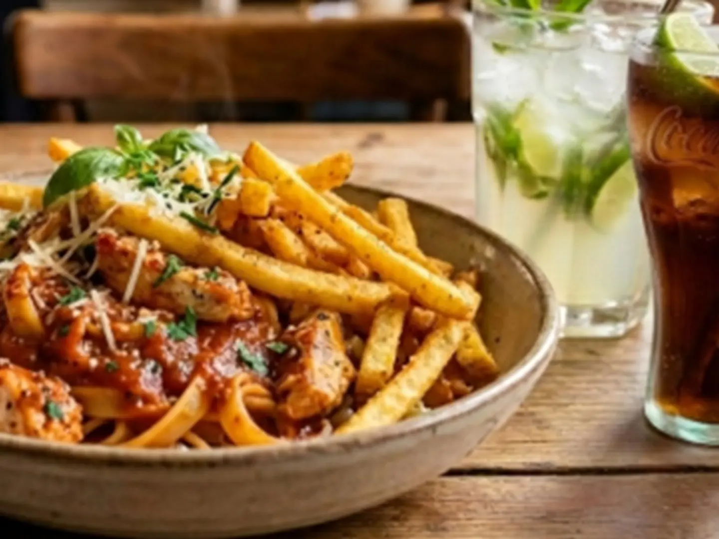 A Delicious Meal That Brings Together Freshly Cooked Pasta With Tender Chicken, Crispy Golden Fries, And A Refreshing Drink To Complete Your Delightful Dining Experience.
