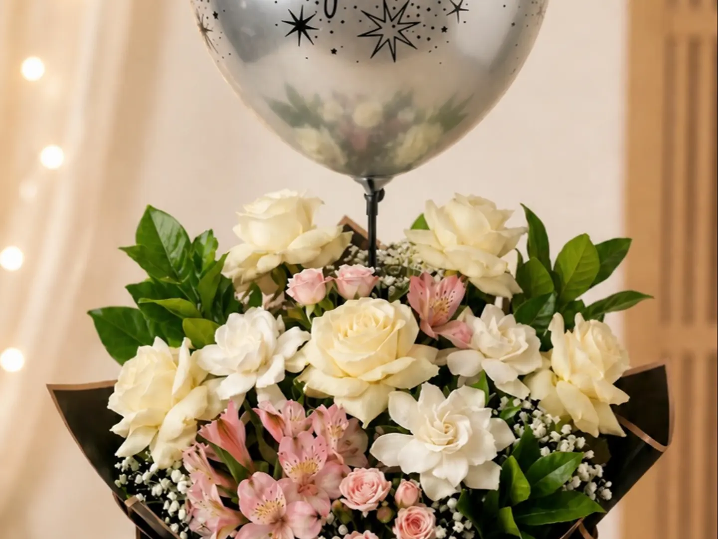 A Bouquet Of Flowers And A Graduation Balloon