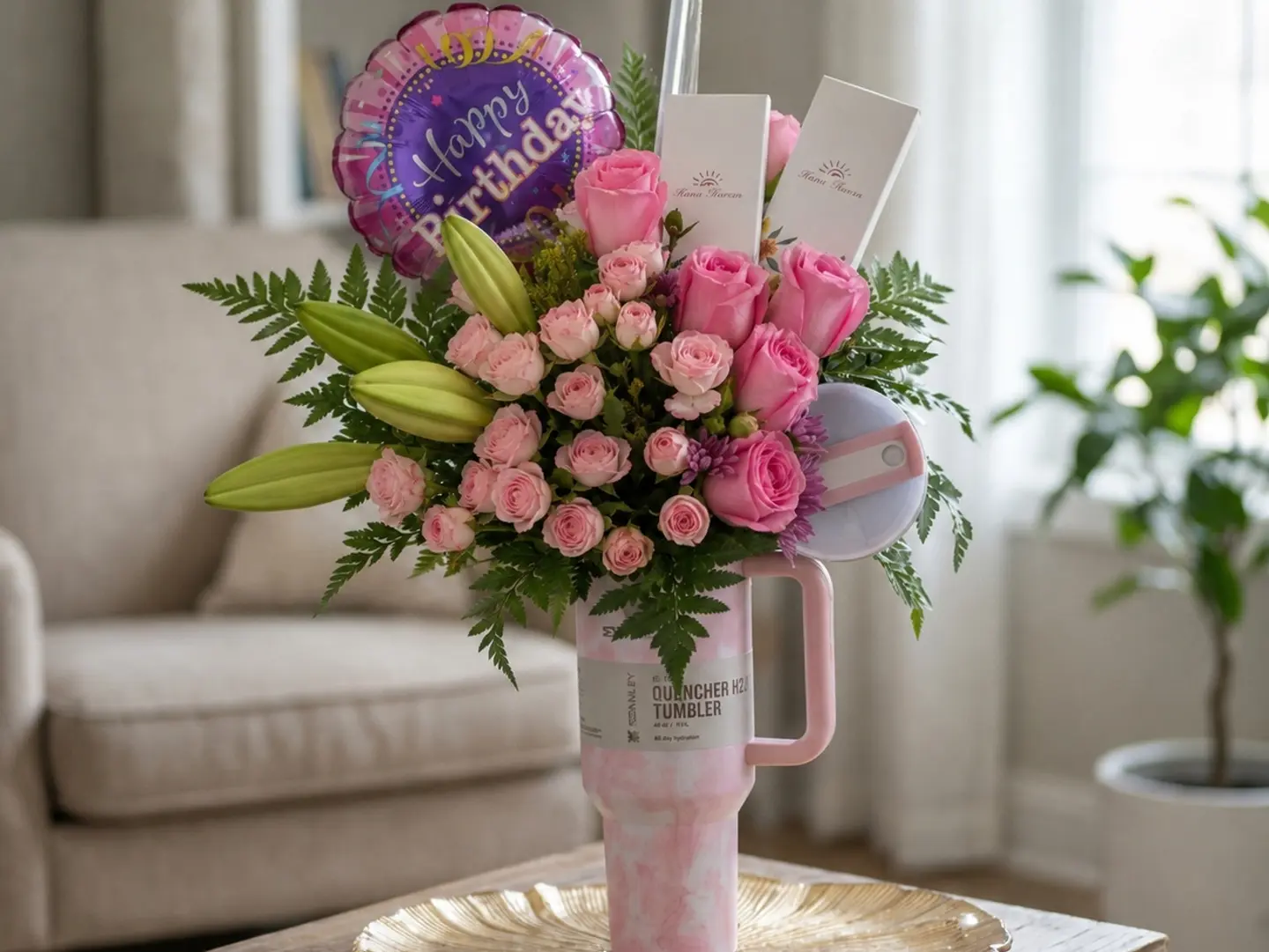 Pink Joy Tumbler, Flowers & Chocolate