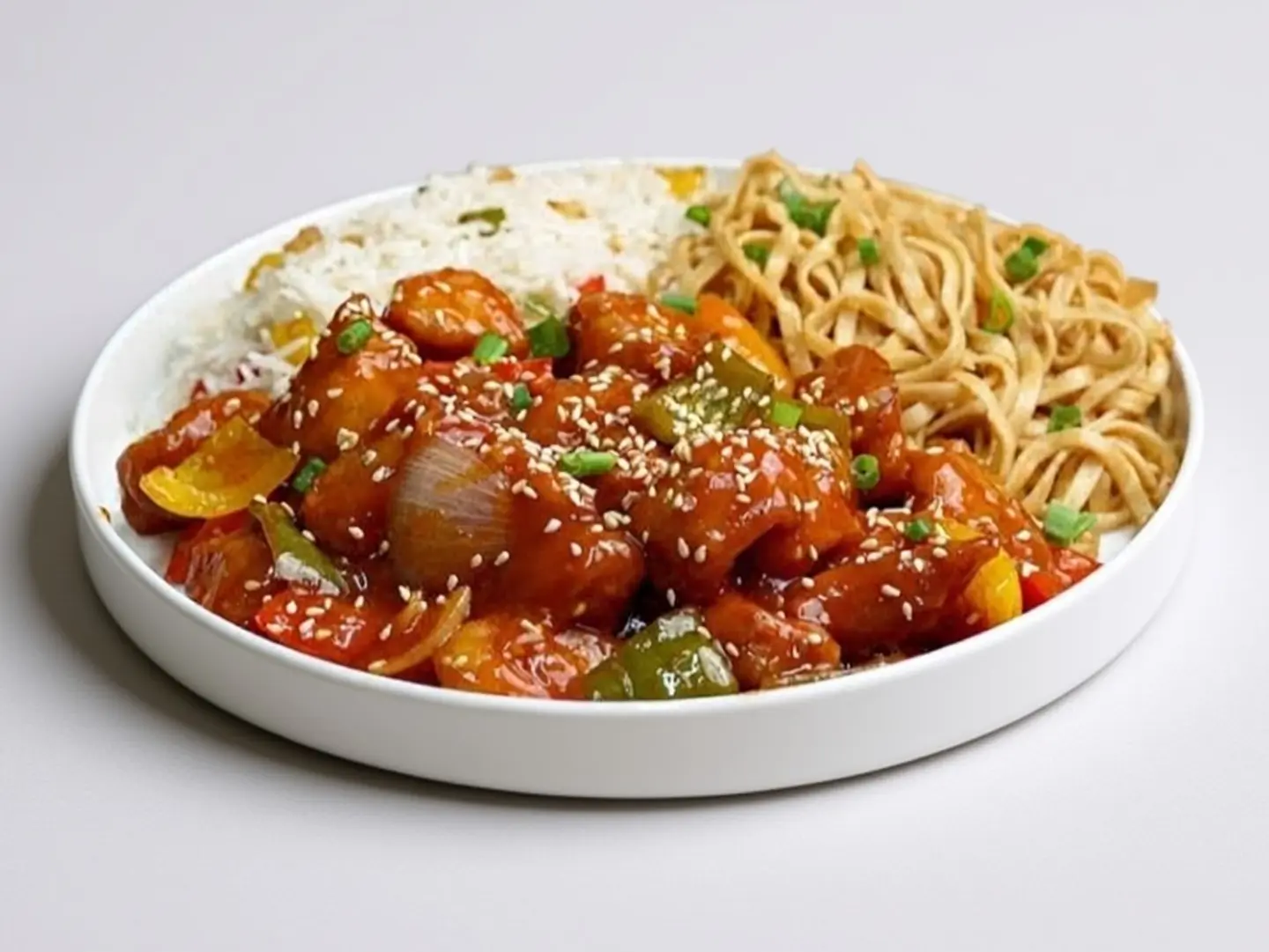 دجاج منشوريان مع مكرونة