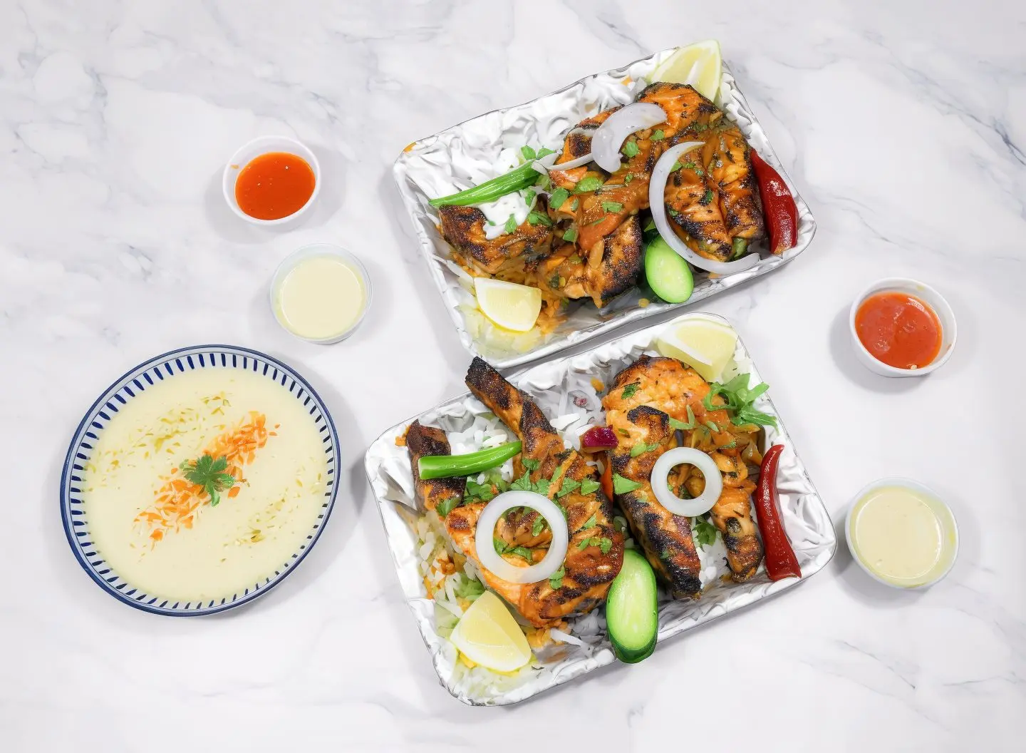 Salmon Meal With Rice With Fillet With Spicy Salad With Tahini